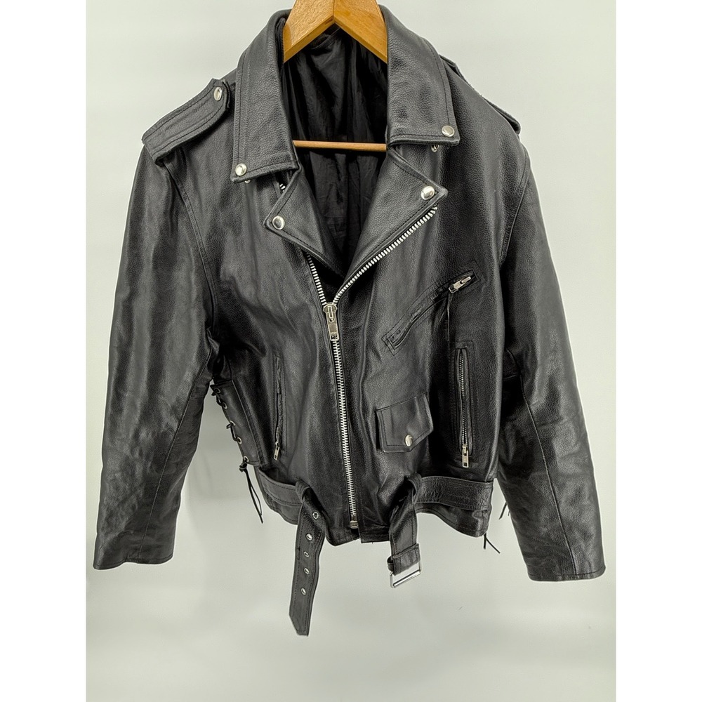Classic Black Leather Motorcycle Jacket Full Zip Moto‎ Biker Jacket